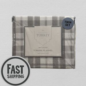 TURKISH COTTON 3 PIECE TWIN SHEET SET - Flannel 100% Cotton Gray/White - NWT